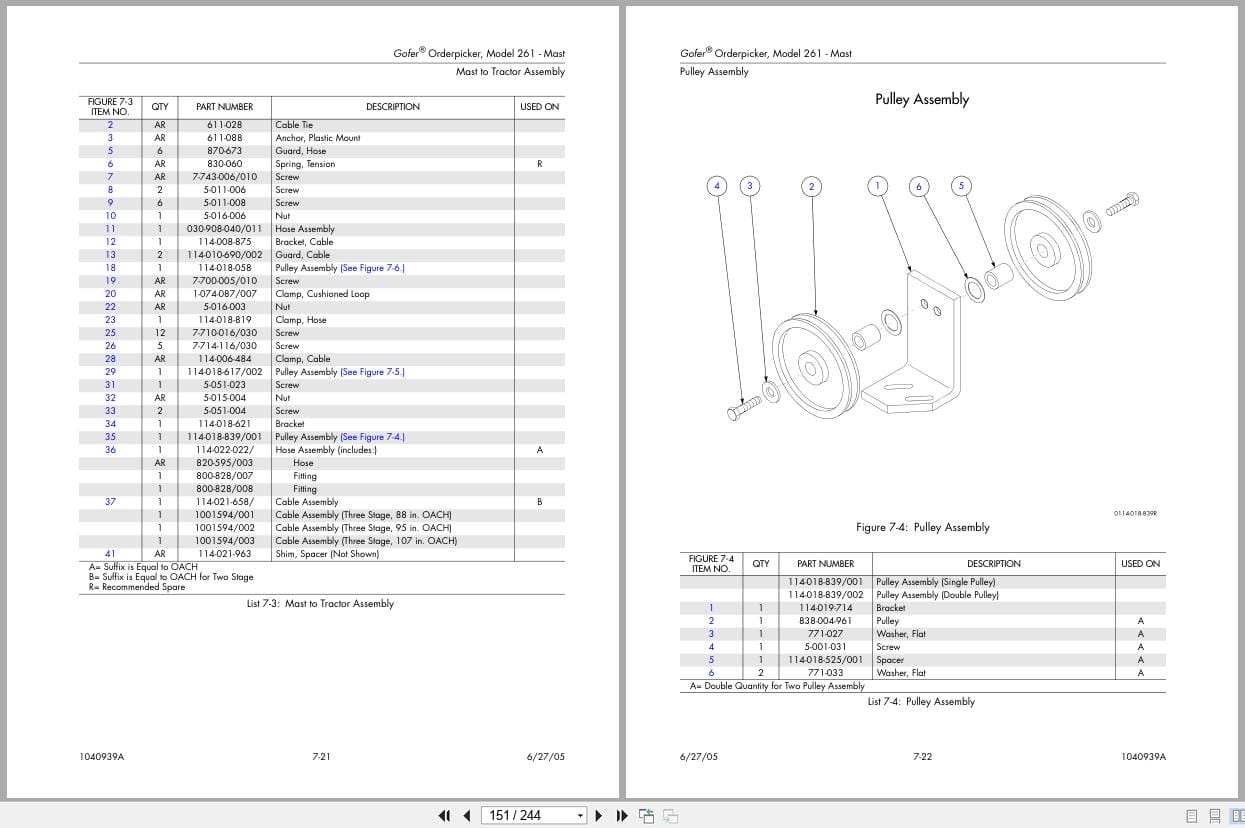 Raymond Orderpicker 261 Gofer Parts Manual 1040939A (2)