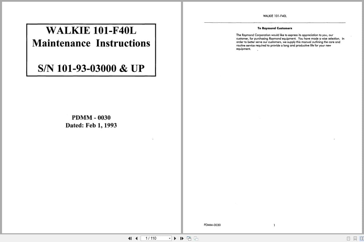Raymond Pallet Truck 101 F40L Maintenance Instructions PDMM 0030 (1)
