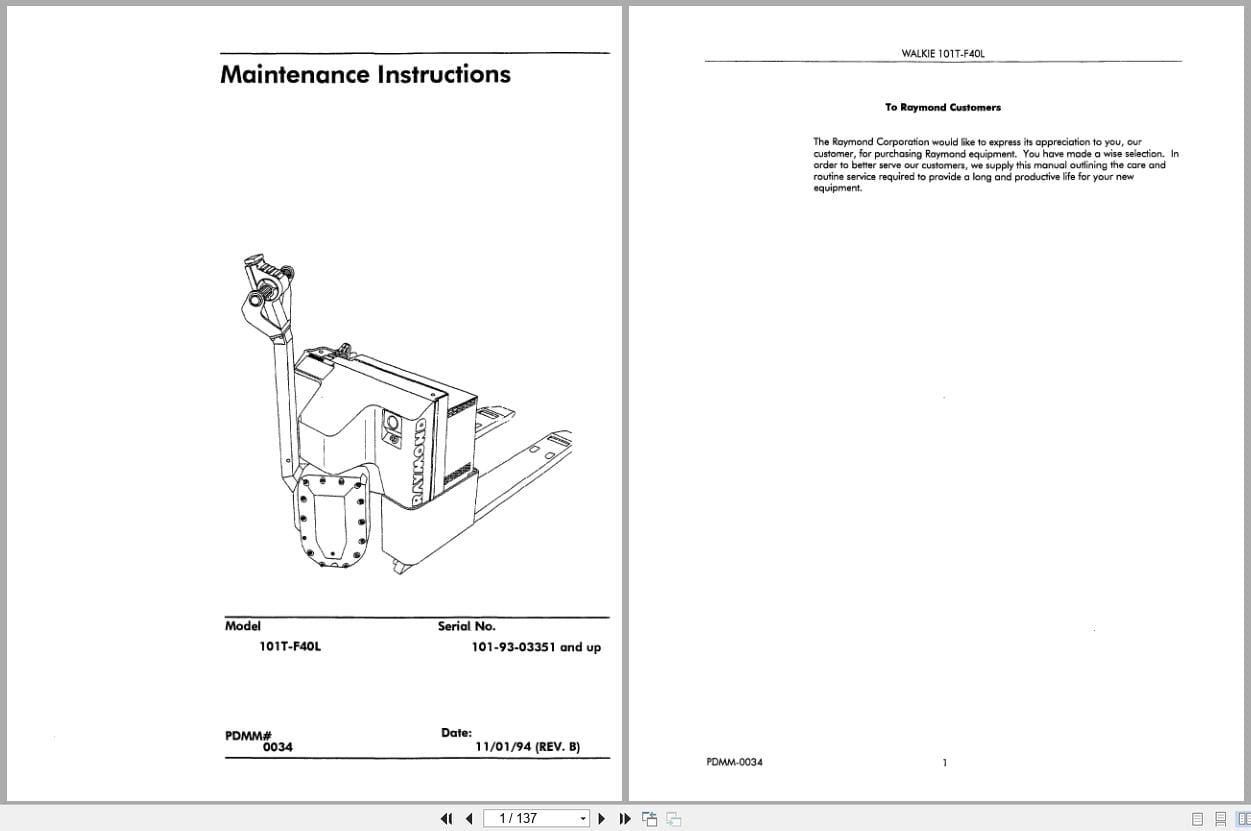Raymond Pallet Truck 101T F40L Maintenance Instructions PDMM 0034 (1)