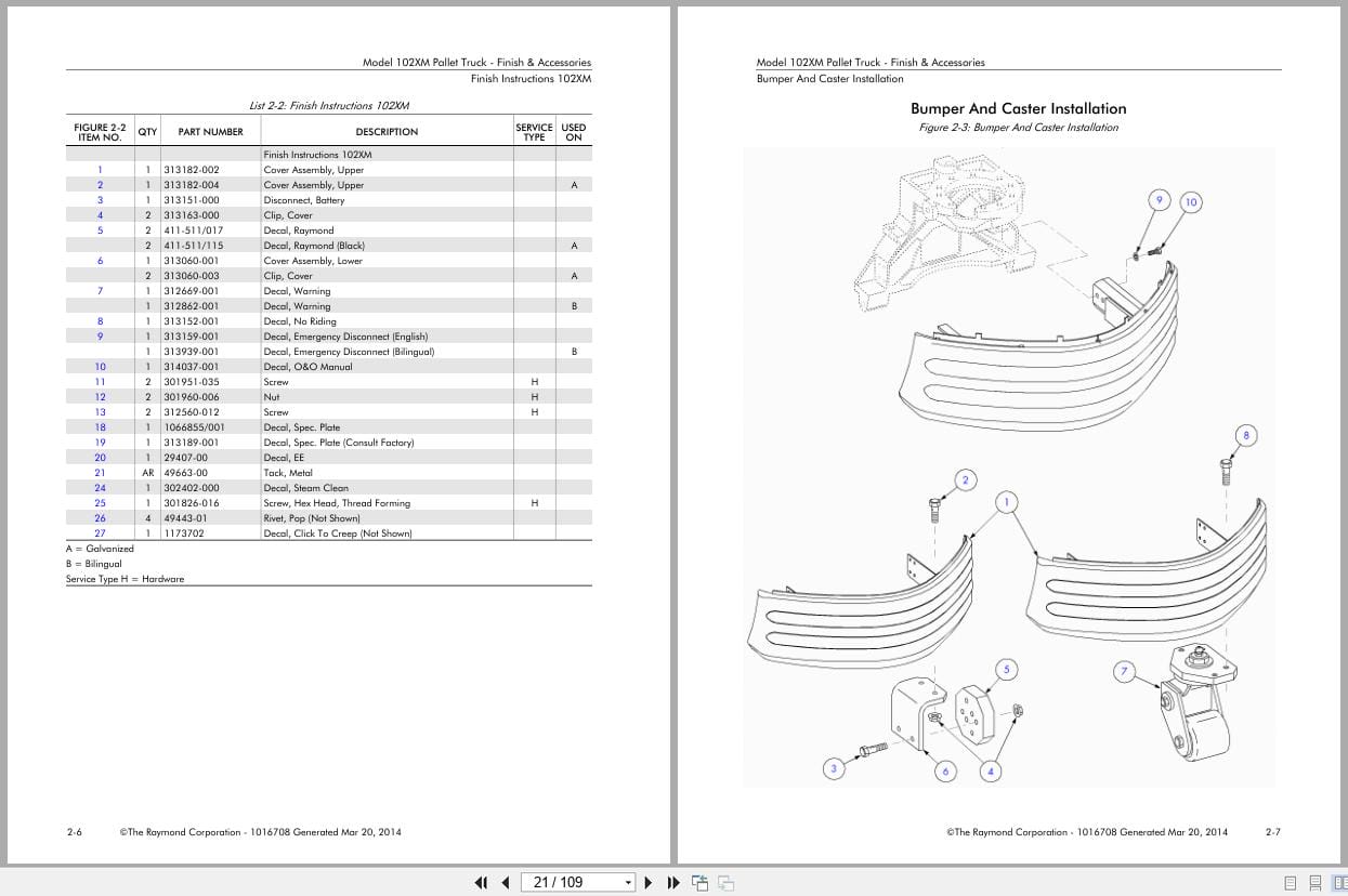 Raymond Pallet Truck 102XM Parts Manual 1016708 2014 (2)
