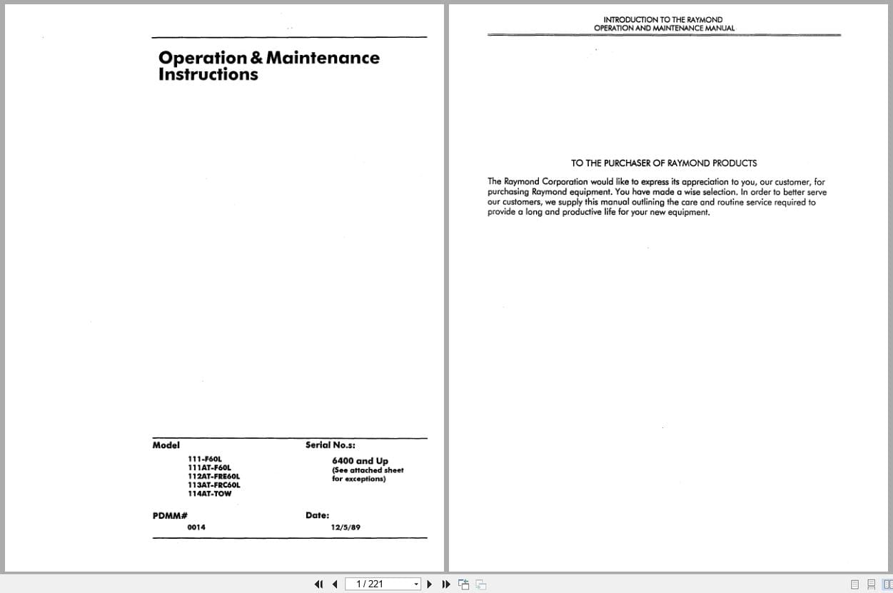 Raymond Pallet Truck 111 F60L to 114AT TOW Operation and Maintenance Instructions PDMM 0014 (1)