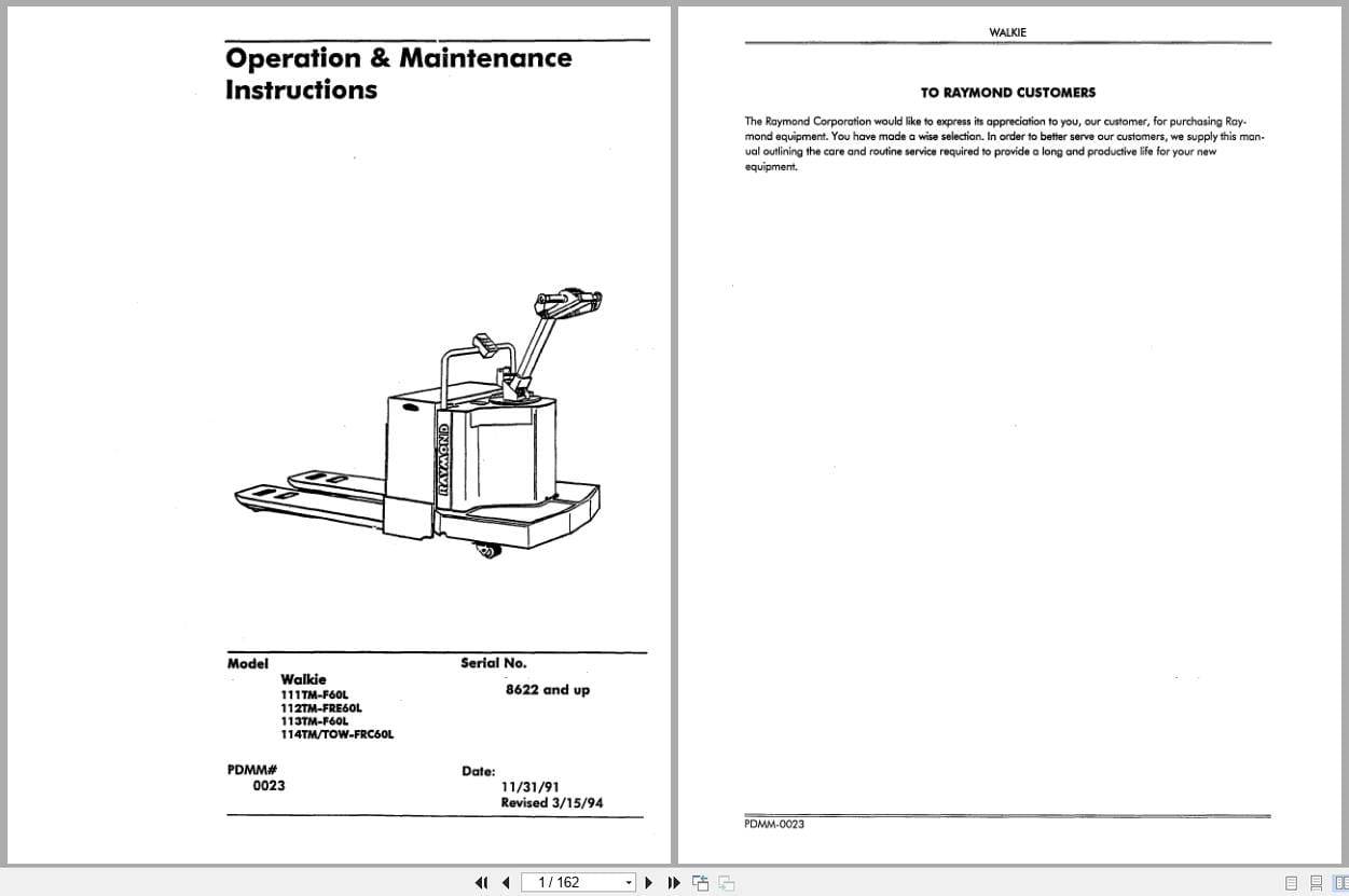 Raymond Pallet Truck 111TM F60L to 114TM TOW FRC60L Operation Maintenance Instructions PDMM 0023 (1)