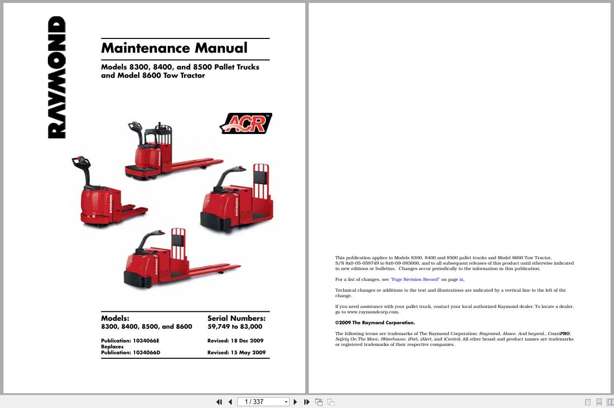 Raymond Pallet Truck 8300 8400 8500 8600 Maintenance Manual 1034066E 2009 (1)