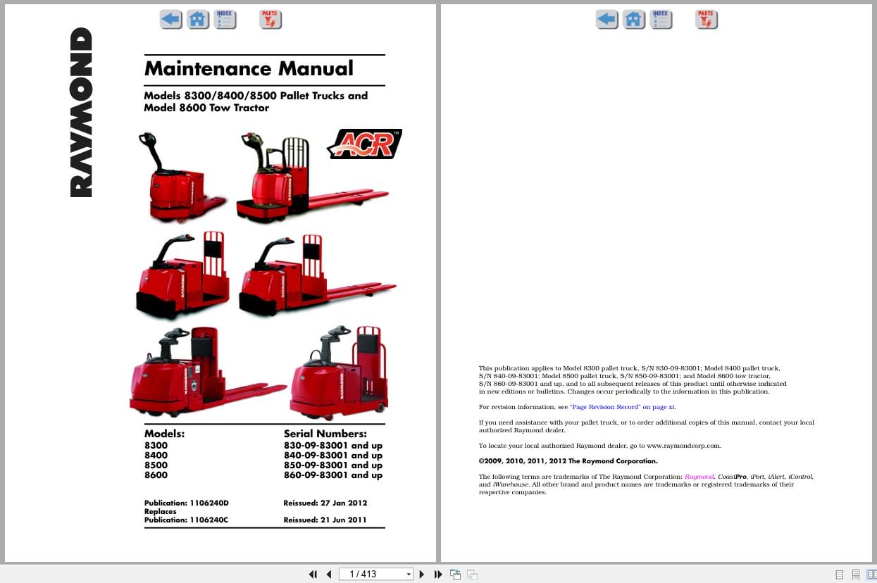 Raymond Pallet Truck 8300 8400 8500 8600 Maintenance Manual 1106240D 2012 (1)