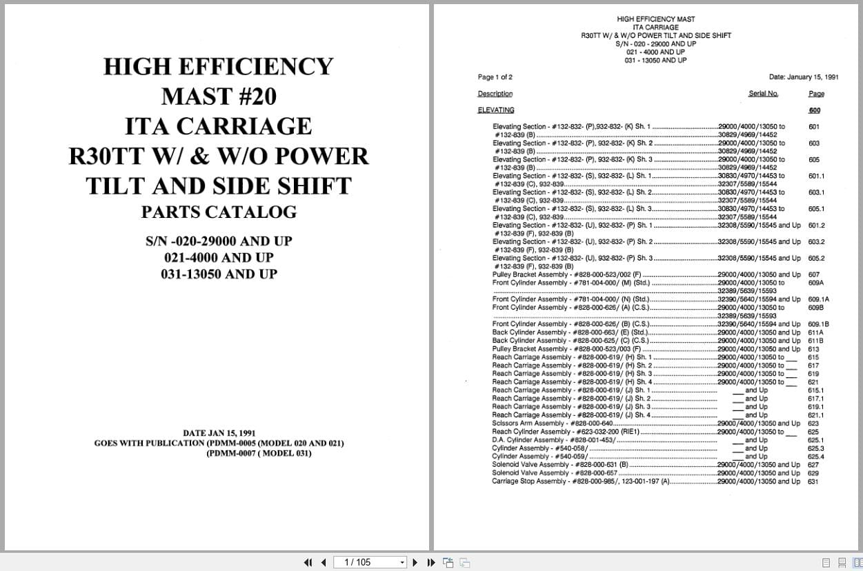 Raymond Reach ITA Carriage R30TT High Efficiency Mast 20 Parts Catalog PDMM 0005 PDMM 0007 (1)