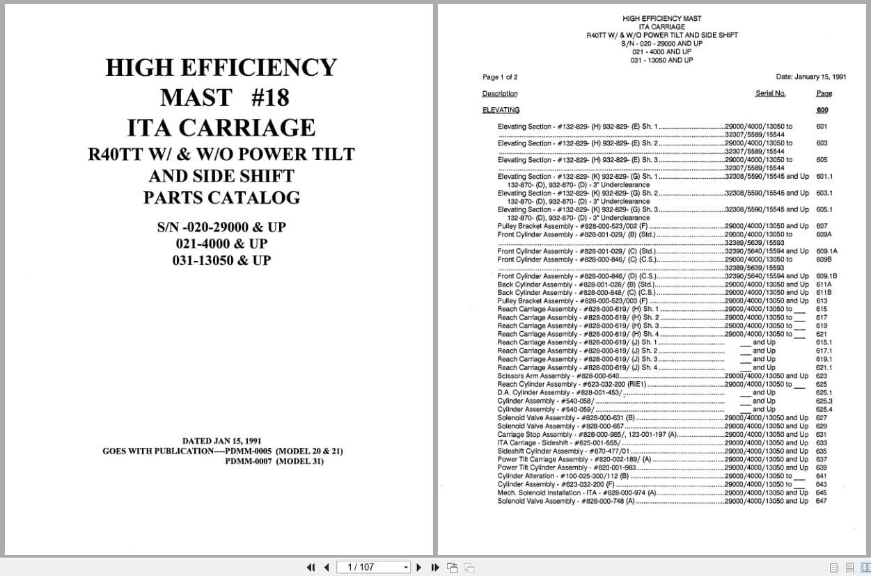 Raymond Reach ITA Carriage R40TT High Efficiency Mast 18 Parts Catalog PDMM 0005 PDMM 0007 (1)