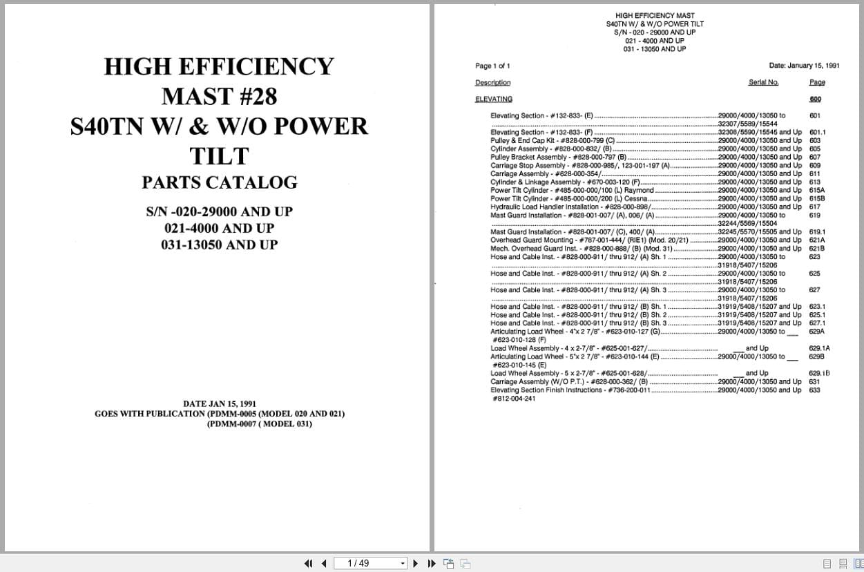 Raymond Reach S40TN High Efficiency Mast 28 Parts Catalog PDMM 0005 PDMM 0007 (1)