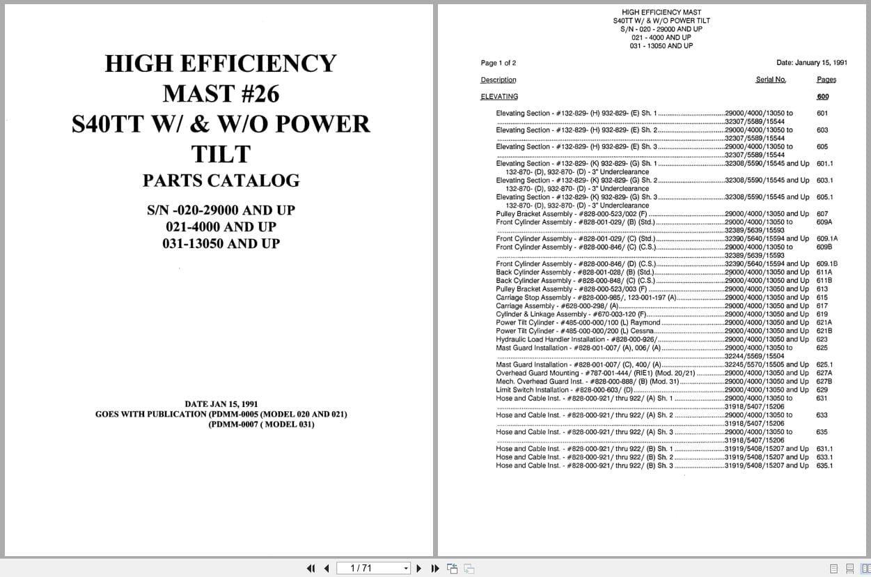 Raymond Reach S40TT High Efficiency Mast 26 Parts Catalog PDMM 0005 PDMM 0007 (1)