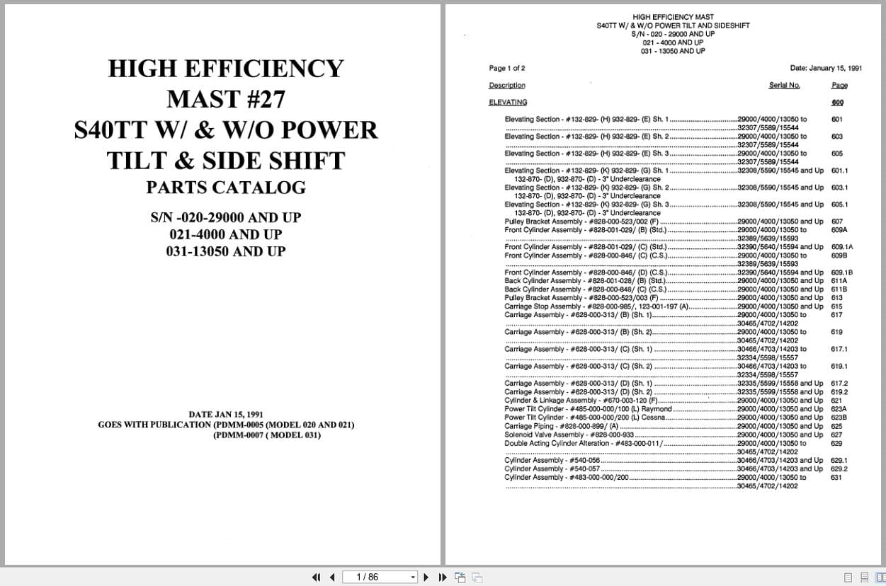 Raymond Reach S40TT High Efficiency Mast 27 Parts Catalog PDMM 0005 PDMM 0007 (1)