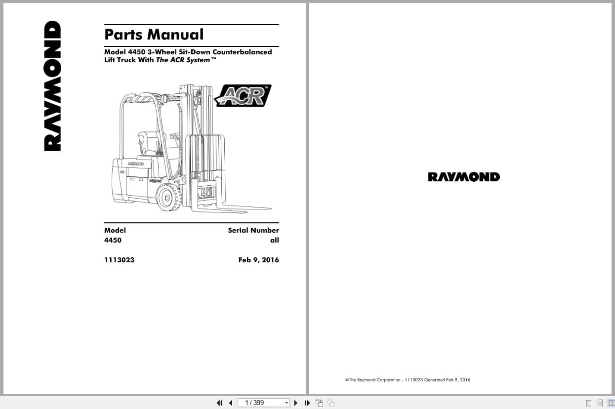 Raymond Sit Down Counterbalanced 4450 Parts Manual 1113023 2016 (1)