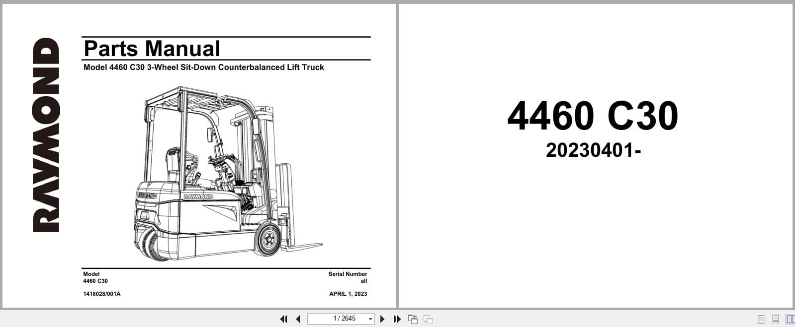 Raymond Sit Down Counterbalanced 4460 C30 Parts Manual 1418028001A 2023 (1)