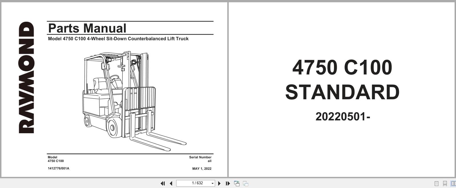 Raymond Sit Down Counterbalanced 4750 C100 Parts Manual 1412776001A 2022 (1)