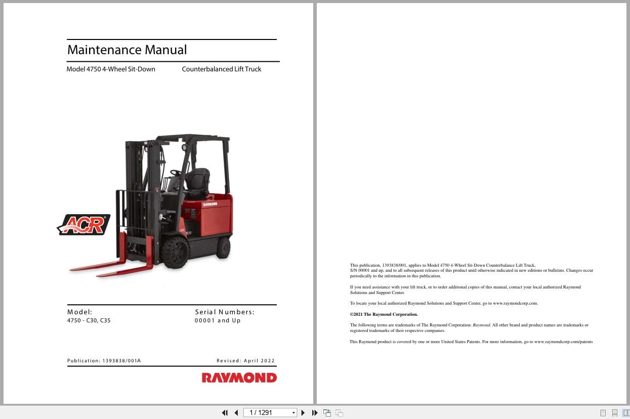 Raymond Sit Down Counterbalanced 4750 Maintenance Manual 1393838001A 2022 (1)