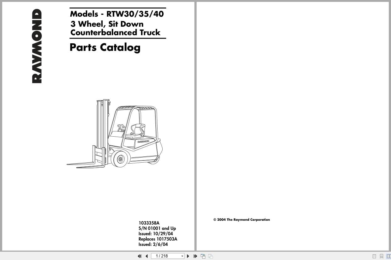 Raymond Sit Down Counterbalanced RTW30 RTW35 RTW40 Parts Catalog 1033358A 2004 (1)