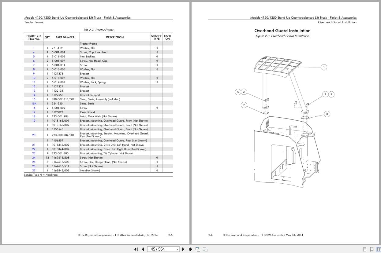Raymond Stand Up Counterbalanced 4150 4250 Parts Manual 1119826 2014 (2)