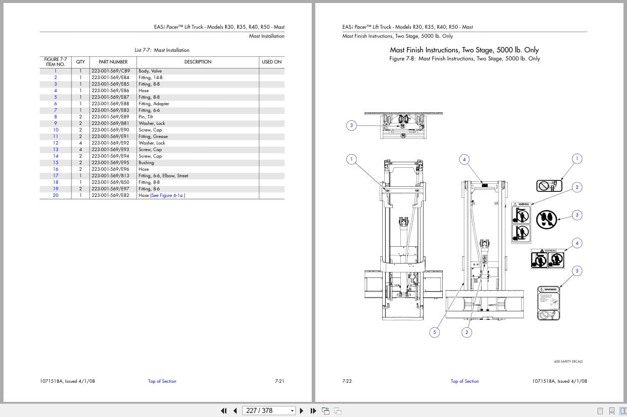 Raymond Stand Up Counterbalanced EASi Pacer Parts Manual 1071518A 2008 (2)