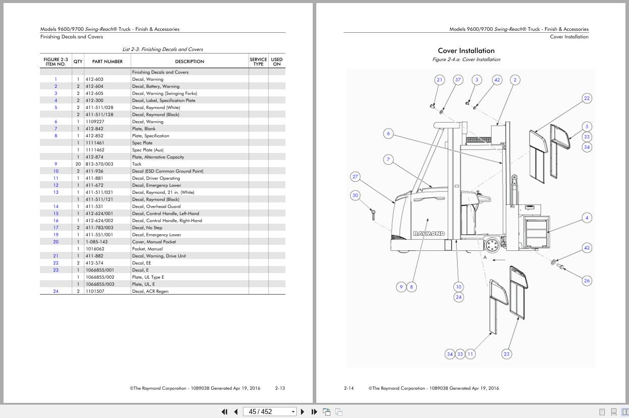 Raymond Swing Reach 9600 9700 Parts Manual 1089038 2016 (2)