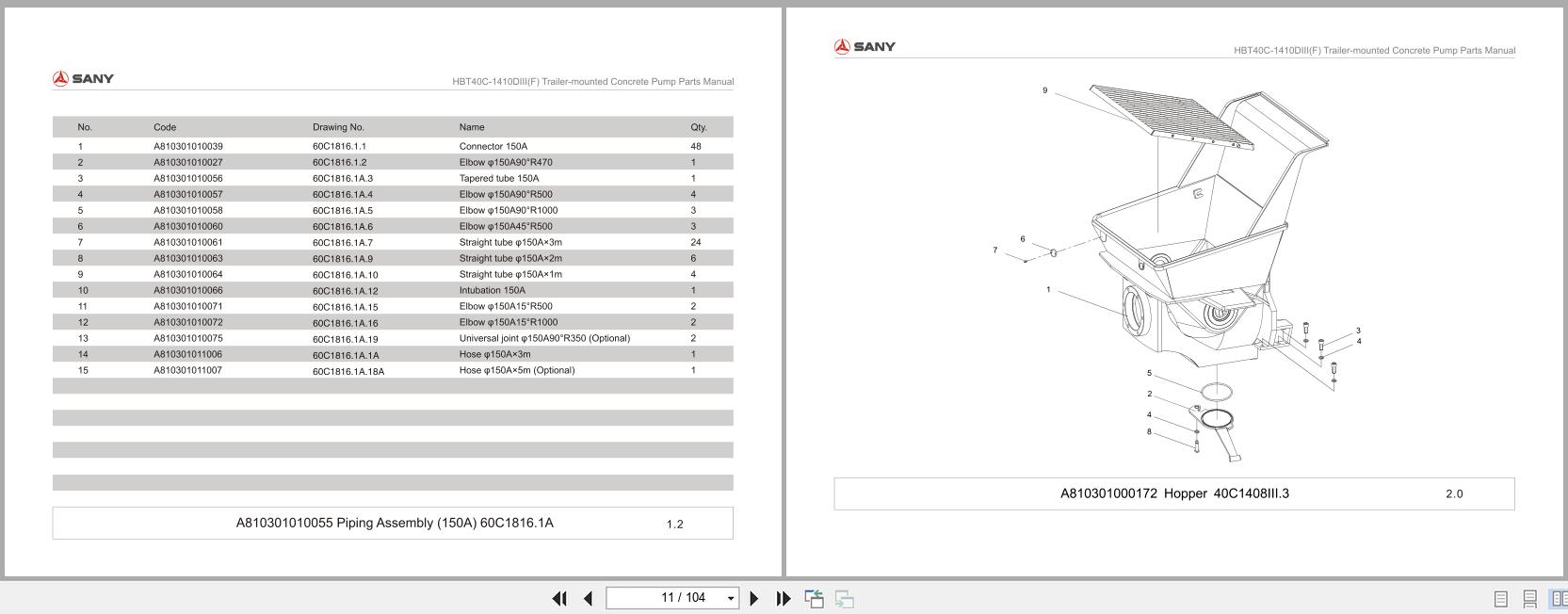 Sany Trailer Mounted Concrete Pump HBT40C 1410DIII(F) Parts Manual (2)