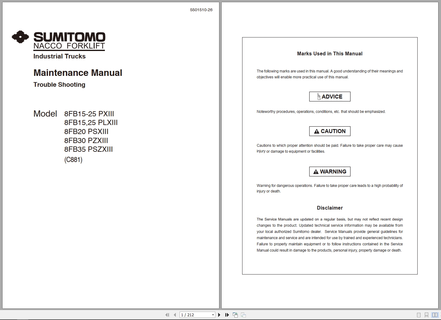Sumitomo Forklift C881 8FB15 PXIII To 8FB35 PSZXIII Maintenance Manual 5501510 26 2022 (1)