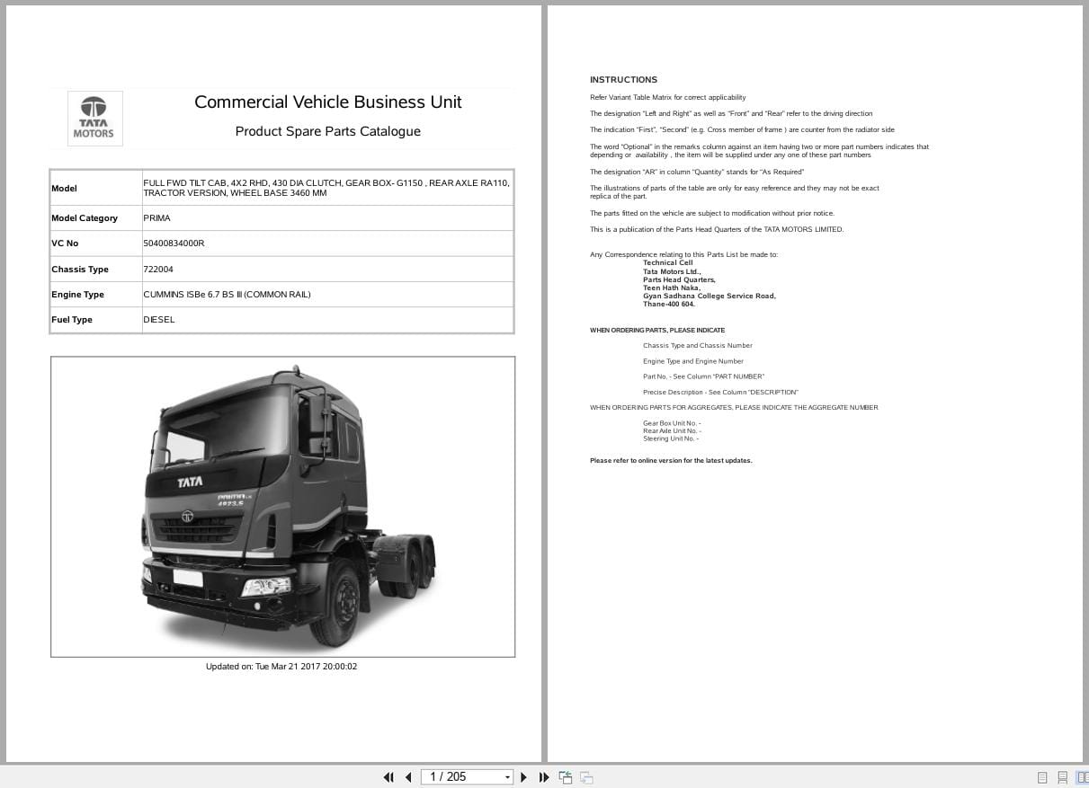 TATA Truck PRIMA 4023.S NON AC Spare Parts Catalog 2017 (1)