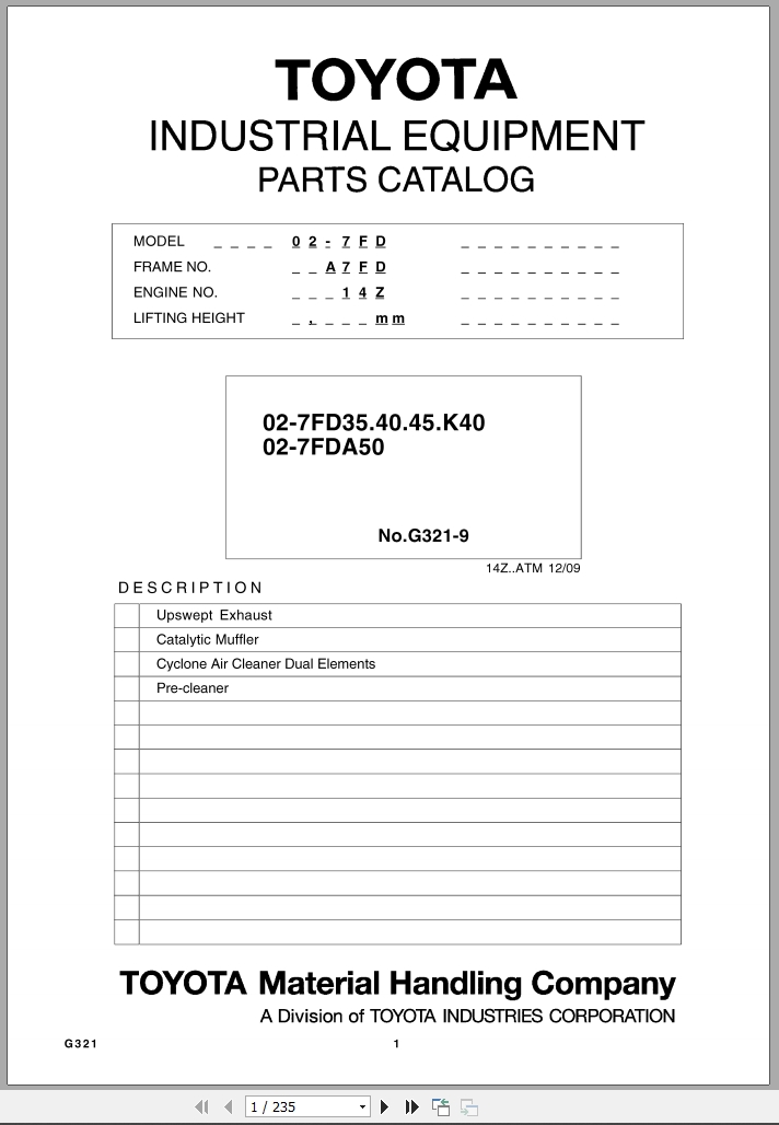 Toyota Forklift 02 7FD35 To 02 7FDA50 Parts Catalog G321 9 2009 ML (1)