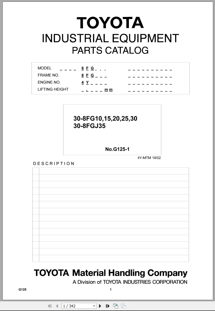 Toyota Forklift 30 8FG10 To 30 8FGJ35 Parts Catalog G125 1 2002 ML (1)