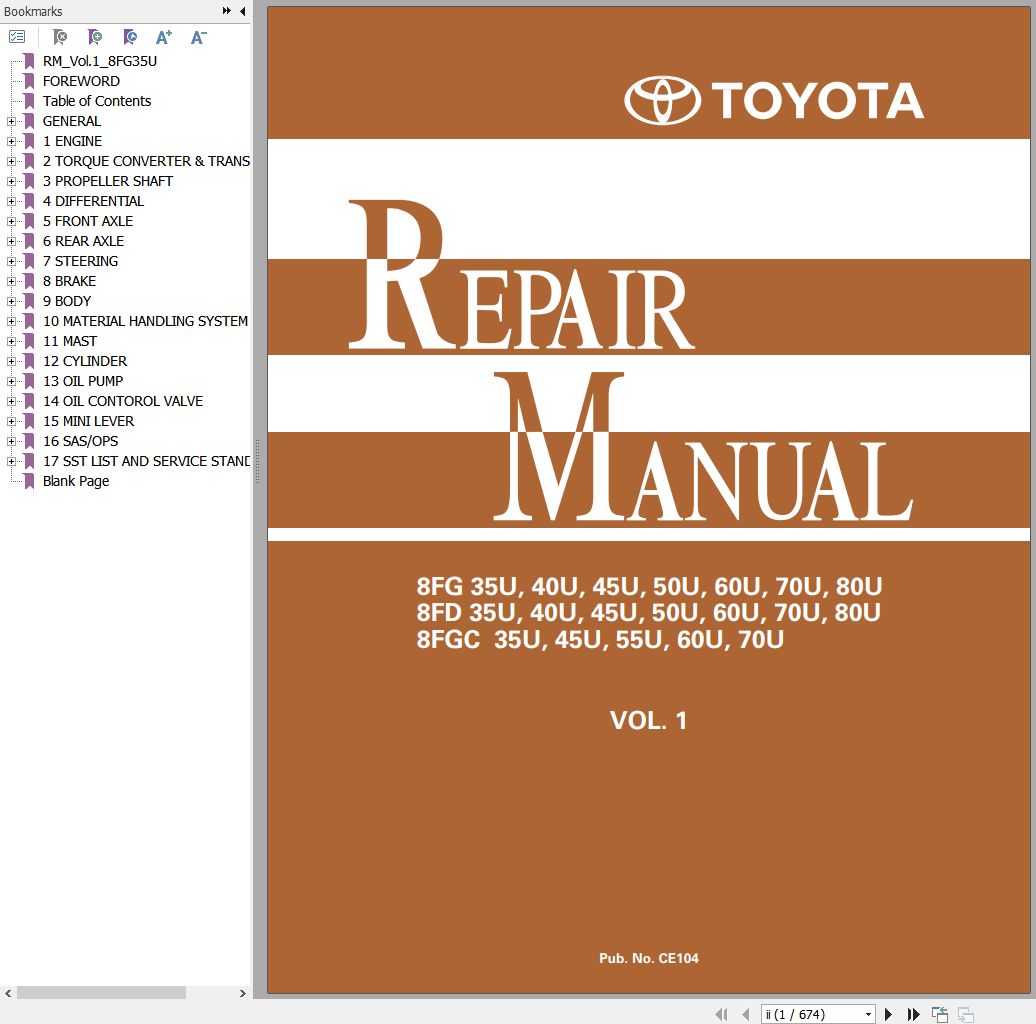 Toyota Forklift 8FG 8FD 8FGC 35U to 80U Repair Manual Vol. 1 CE104 (1)