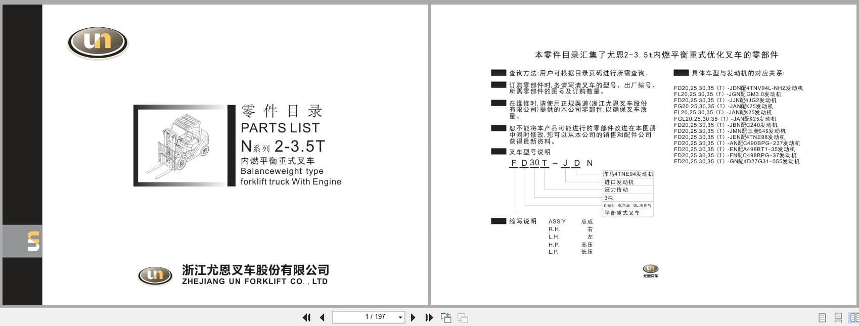 UN Forklift N Series 2.0t 3.5t FD20(T) JDN to FD35(T) GNE Parts List 1368030001 ZH EN (1)