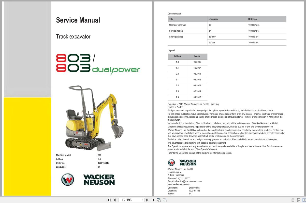 Wacker Neuson Track Excavator 803 803 Dualpower Service Manual 1000164843 (3)