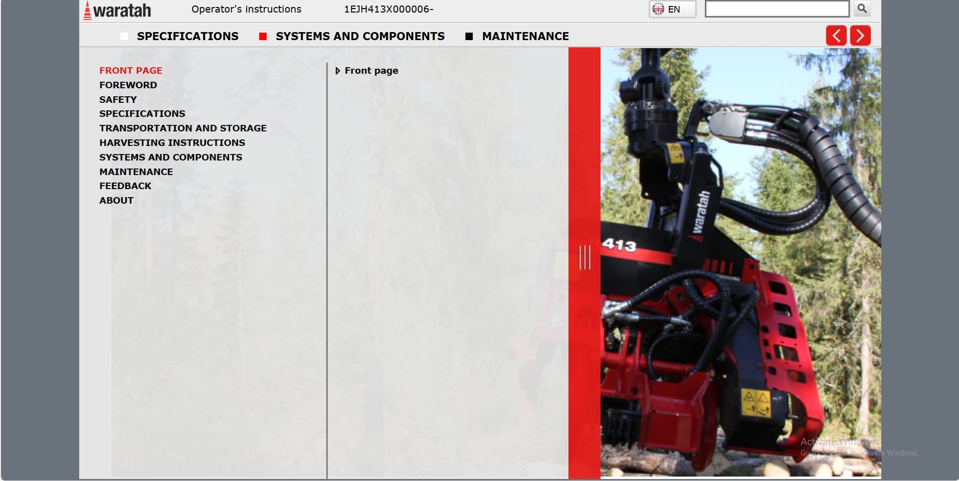 Waratah Harvester Head H413 1EJH413X000006 Operation Manual (1)