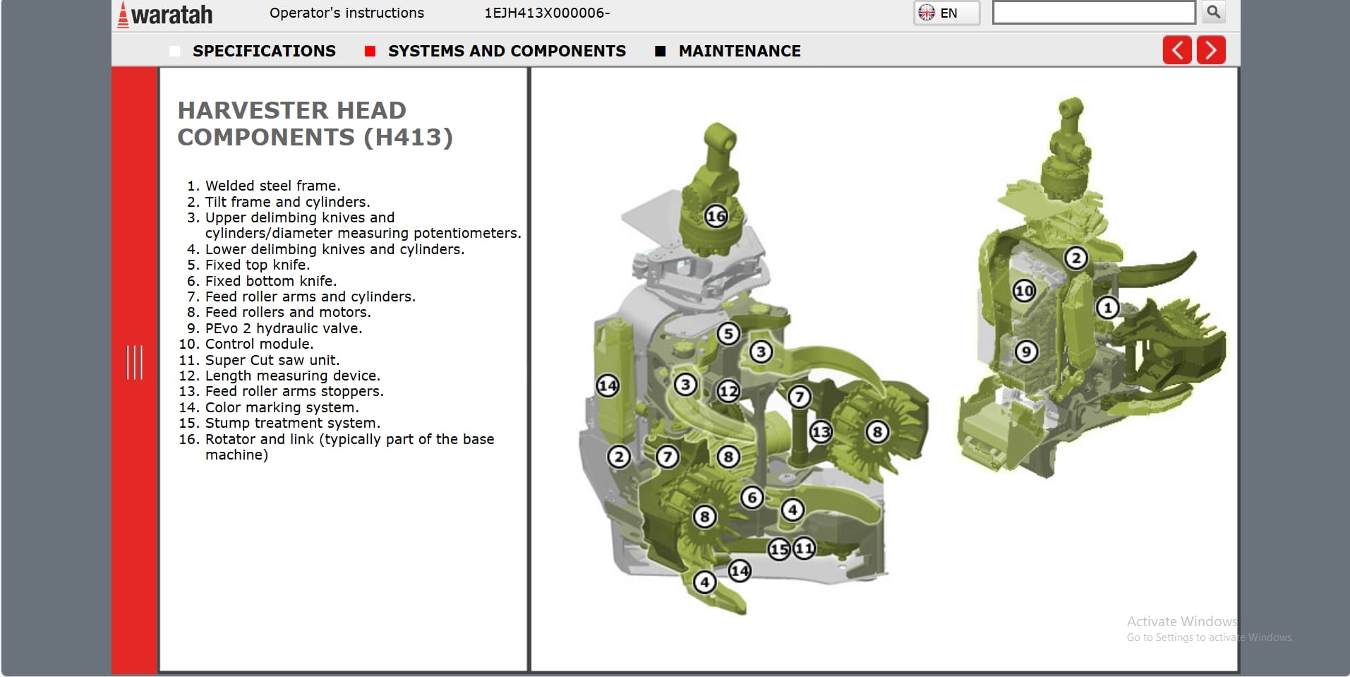 Waratah Harvester Head H413 1EJH413X000006 Operation Manual (2)