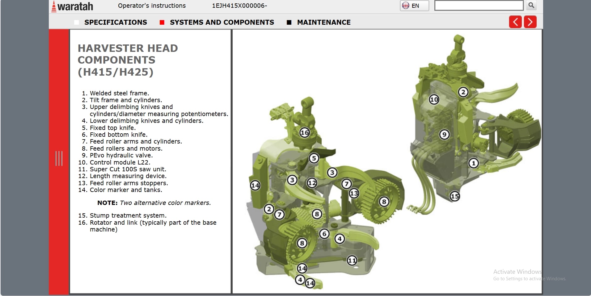 Waratah Harvester Head H415 1EJH415X000006 Operation Manual (2)