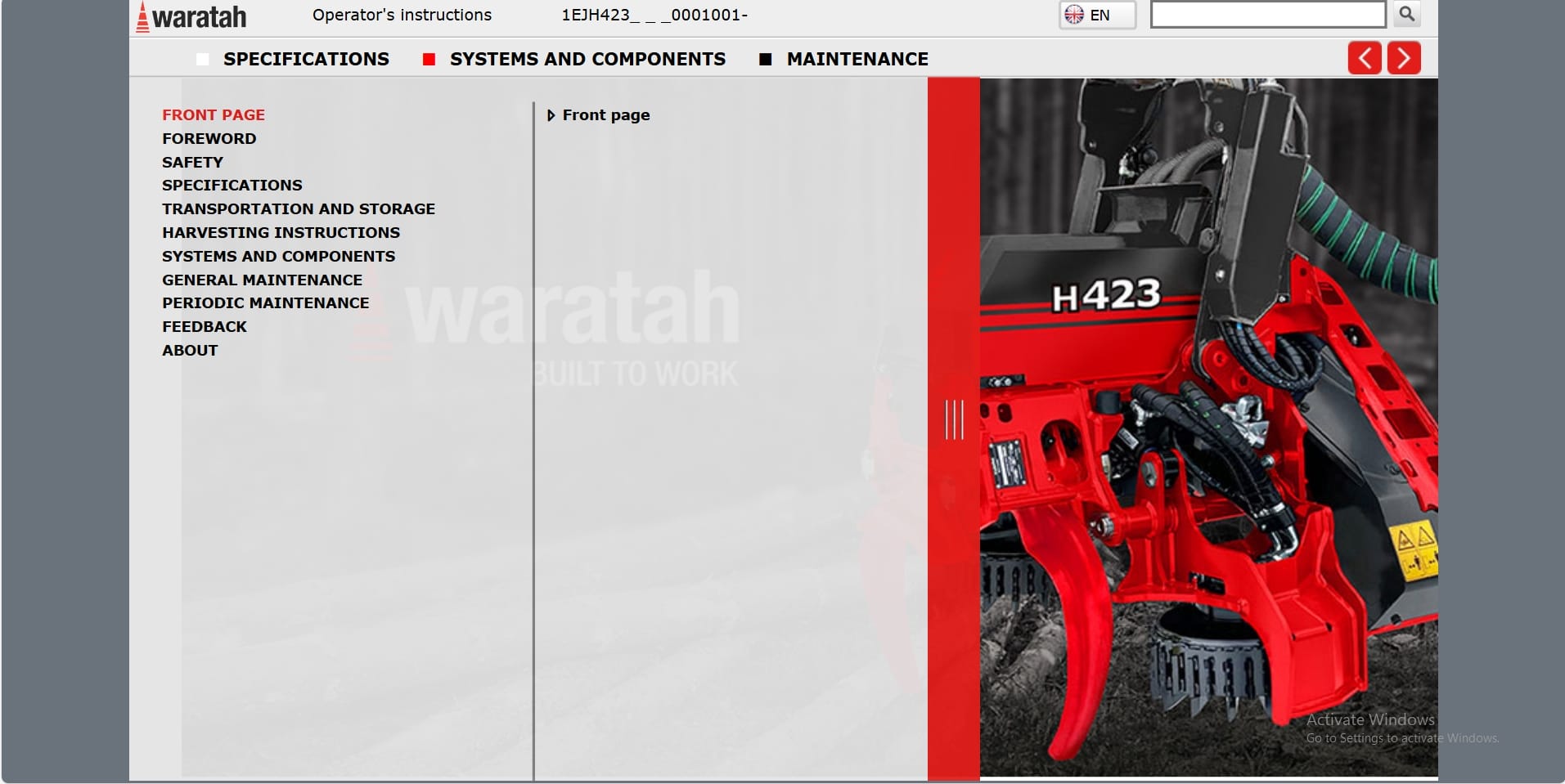 Waratah Harvester Head H423 1EJH4230001001 Operation Manual (1)