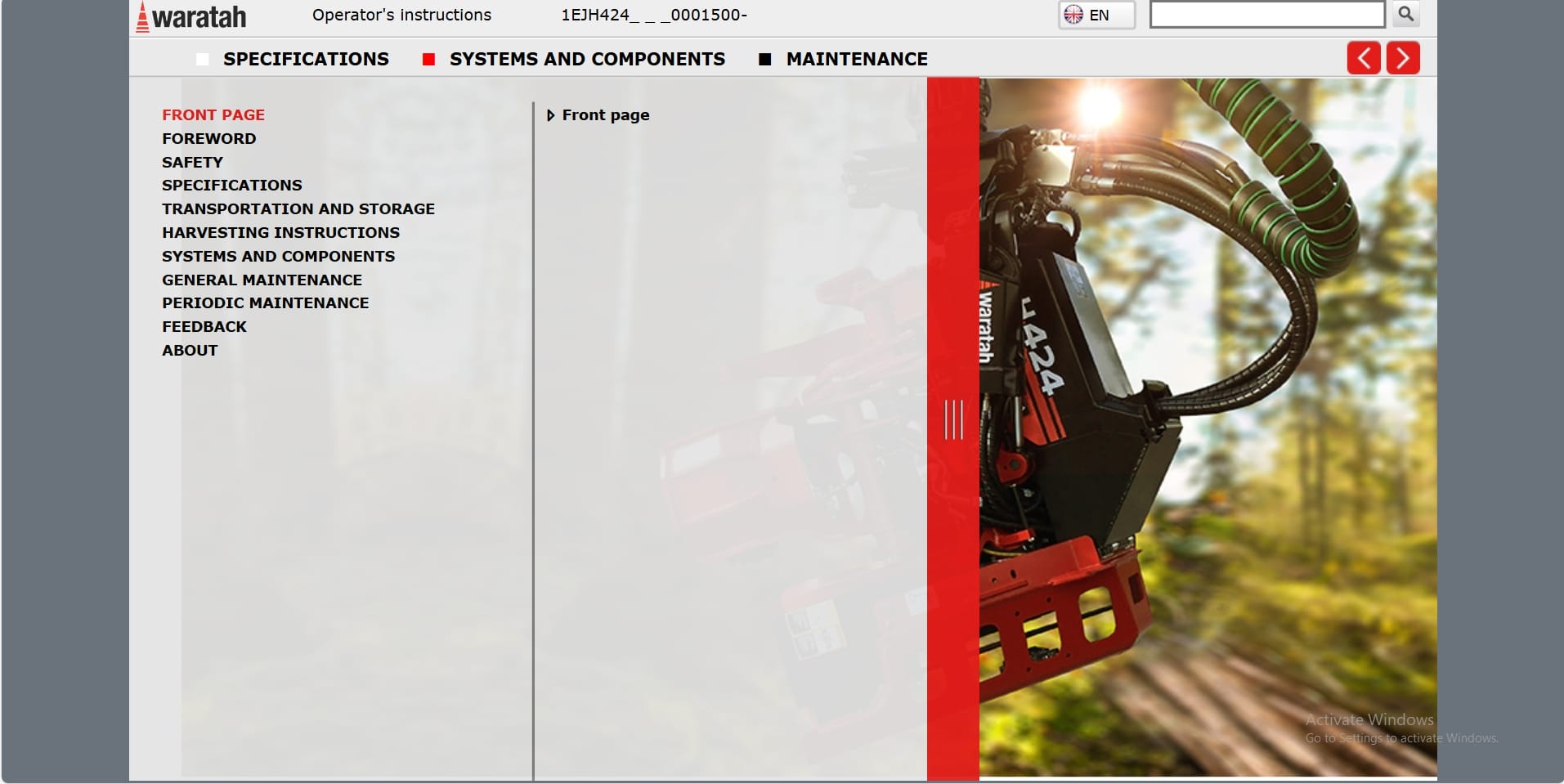 Waratah Harvester Head H424 1EJH4240001500 Operation Manual (1)