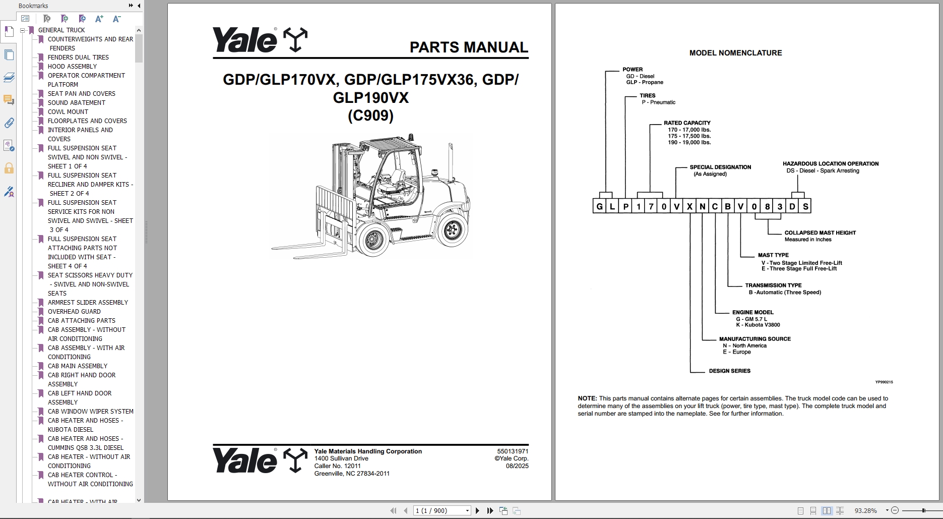 Yale Forklift C909 GDP70VX To GLP190VX Parts Manual 550131971 2025 (1)