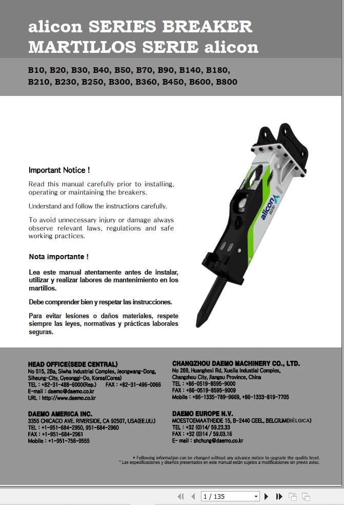 Alicon Series Breaker B10 to B800 Operation Maintenance Manual EN ES (1)
