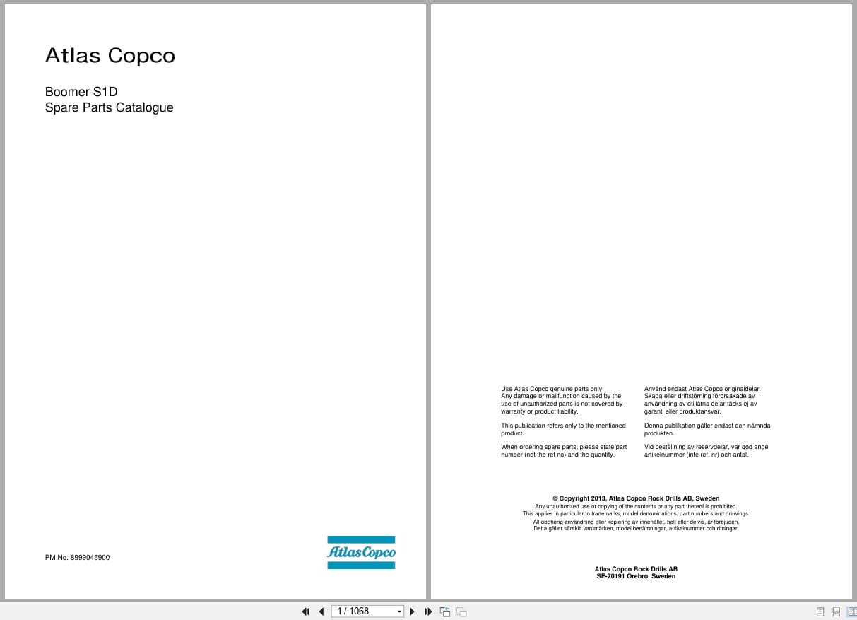 Atlas Copco Boomer S1D Spare Parts Catalog 8999045900 EN SV FR DE ES (1)