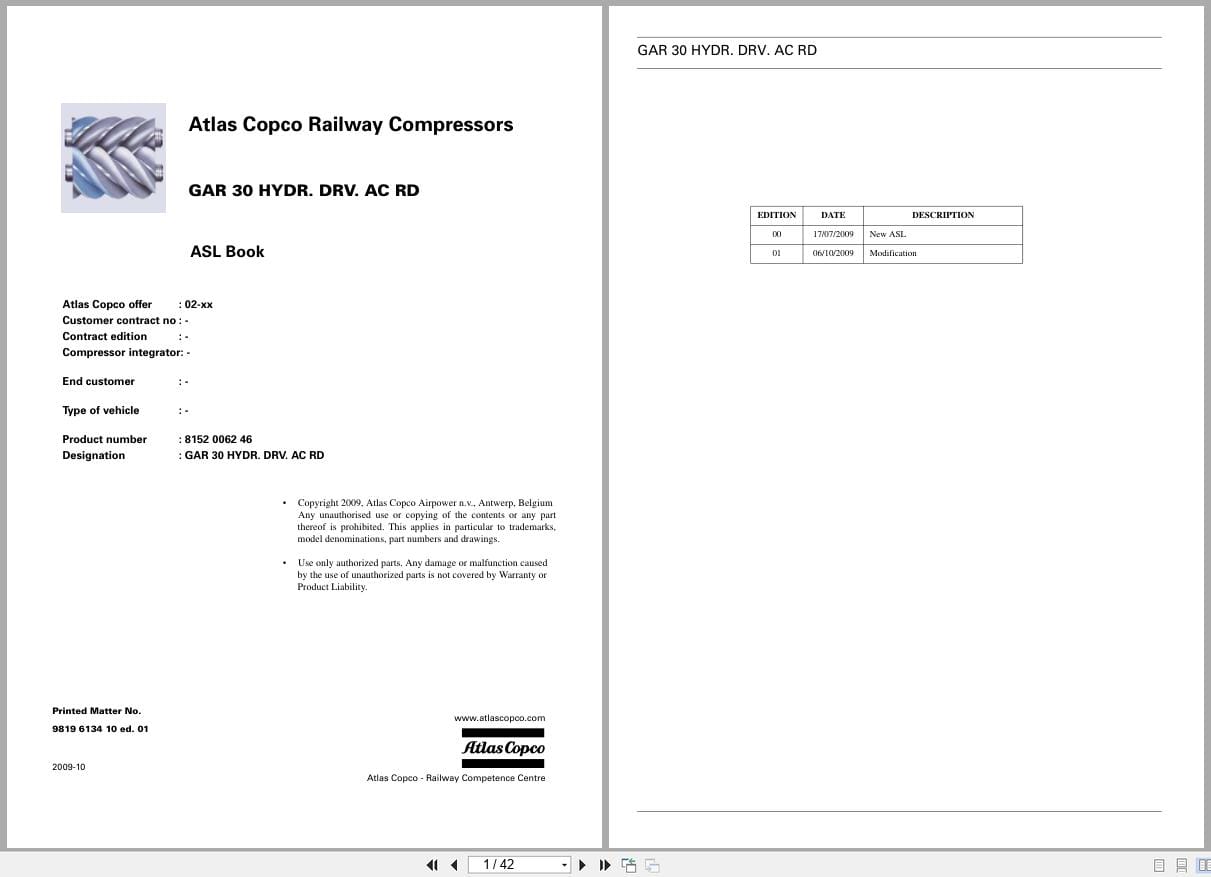 Atlas Copco Railway Compressors GAR30 Hydr. Drv. AC RD Parts List 9819613410ed.01 (1)