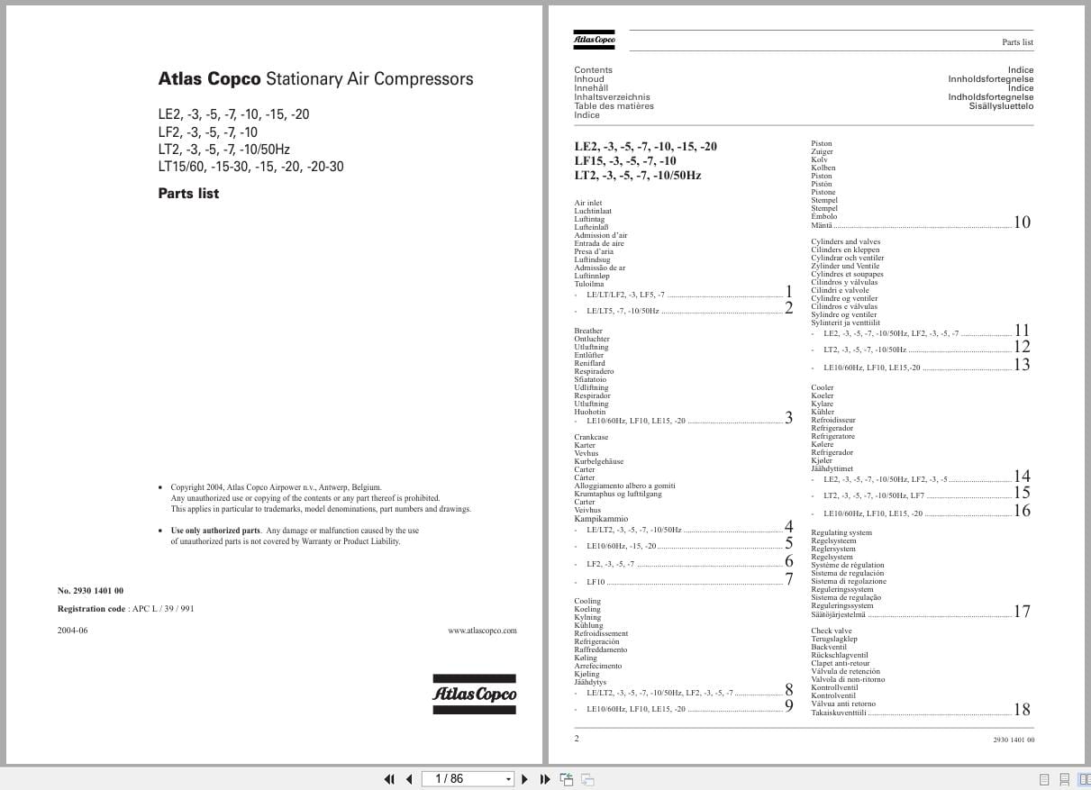 Atlas Copco Stationary Air Compressors LE2 to LT20 30 Spare Parts Catalog 2930140100 (1)