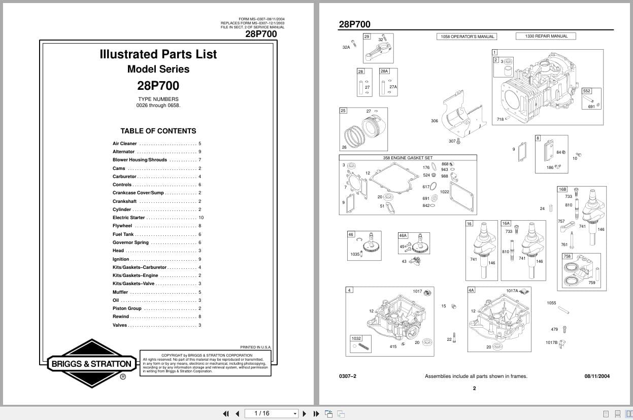 Briggs Stratton Engine 14HP 28P700 Series 0026 To 0658 Illustrated Parts List 2004 (1)