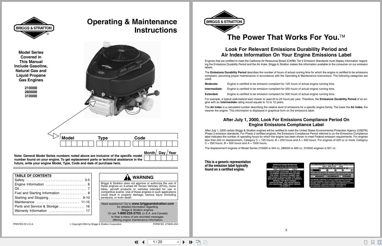 Briggs Stratton Engine 210000 280000 310000 Operating Maintenance Manual 275935 2 2004 (1)
