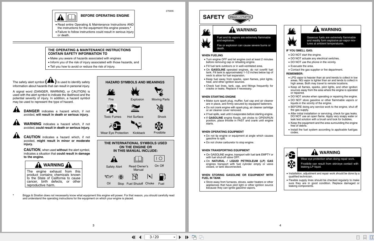 Briggs Stratton Engine 210000 280000 310000 Operating Maintenance Manual 275935 2 2004 (2)