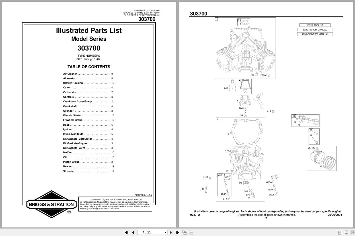 Briggs Stratton Engine 303700 Series 0001 To 1202 Illustrated Parts List 2004 (1)