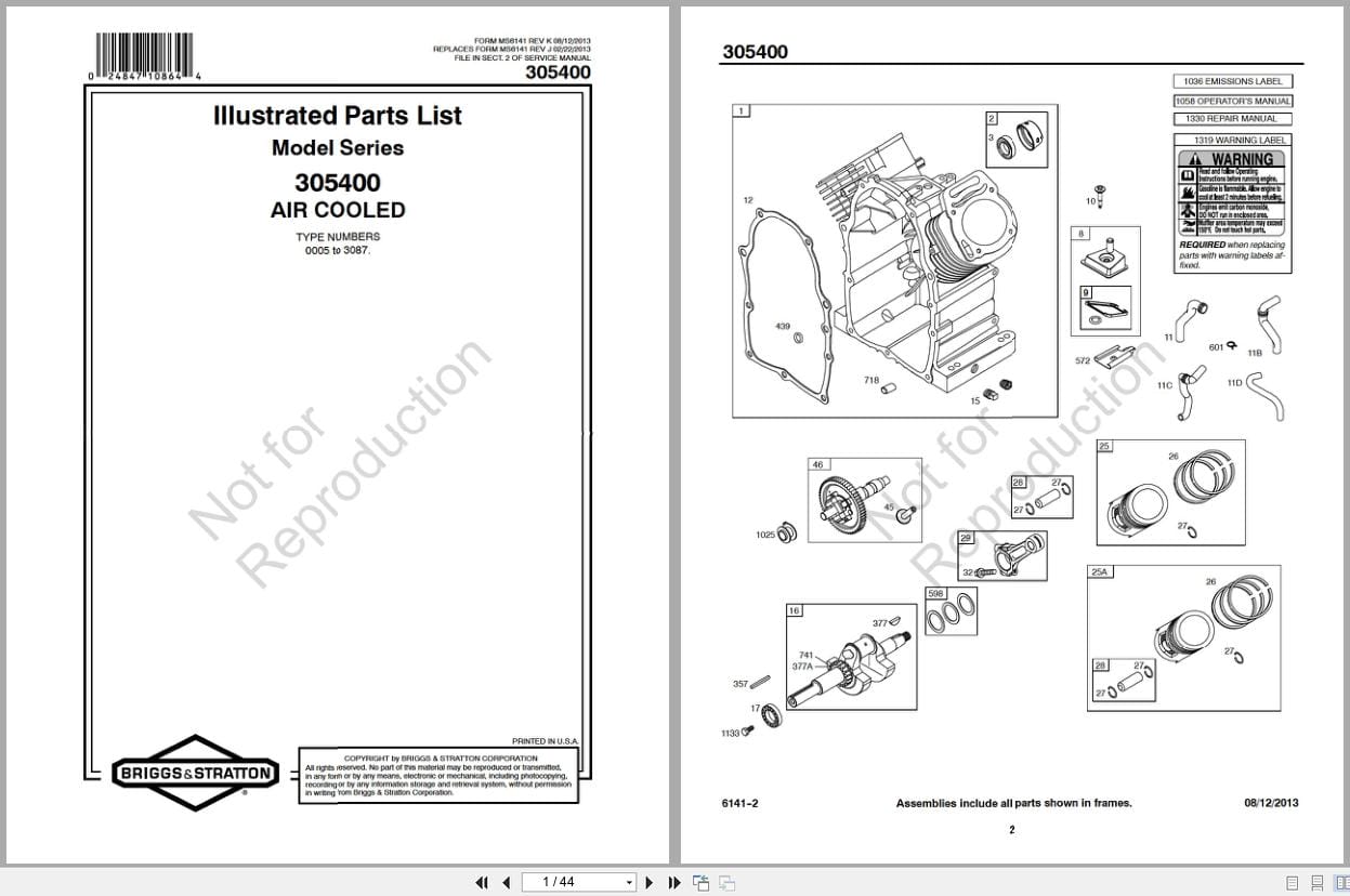 Briggs Stratton Engine 305400 Air Cooled Illustrated Parts List 2013 (1)