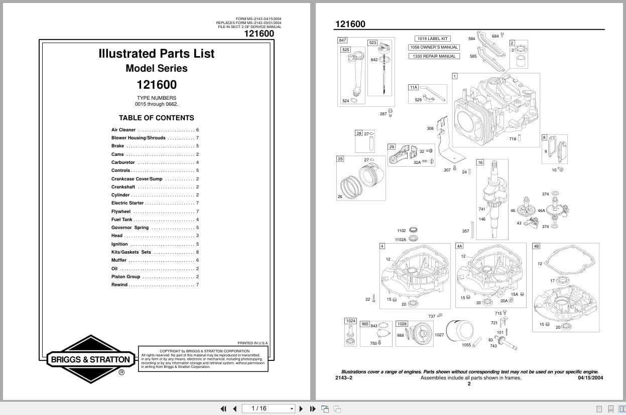 Briggs Stratton Engine 6.75HP APV 121600 Series 0015 To 0662 Illustrated Parts List 2004 (1)