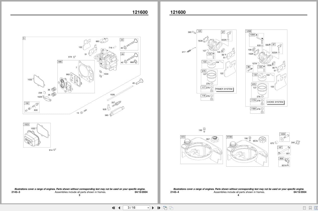 Briggs Stratton Engine 6.75HP APV 121600 Series 0015 To 0662 Illustrated Parts List 2004 (2)