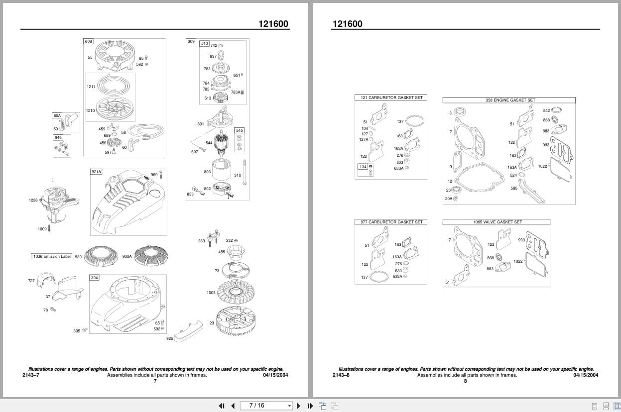 Briggs Stratton Engine 6.75HP APV 121600 Series 0015 To 0662 Illustrated Parts List 2004 (3)