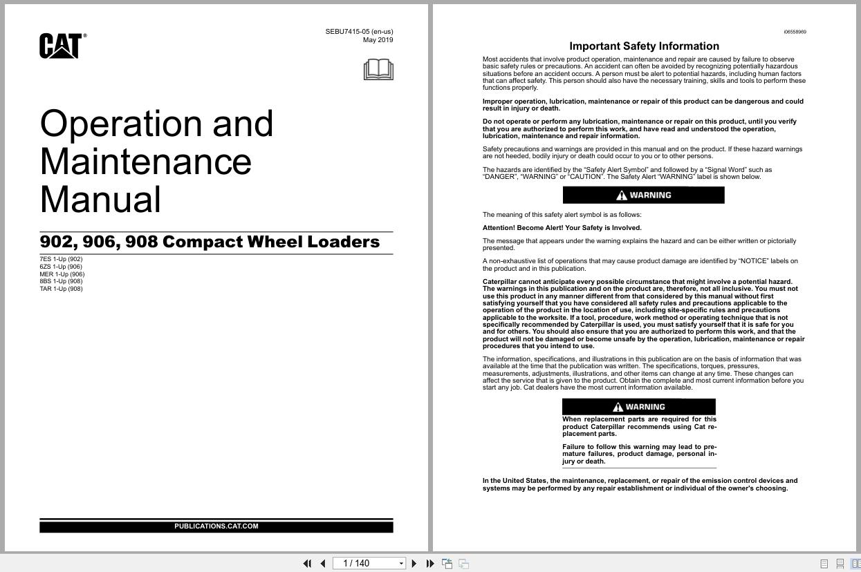 Caterpillar Wheel Loader 902 906 908 Operation Maintenance Manual SEBU7415 05 2019 (1)