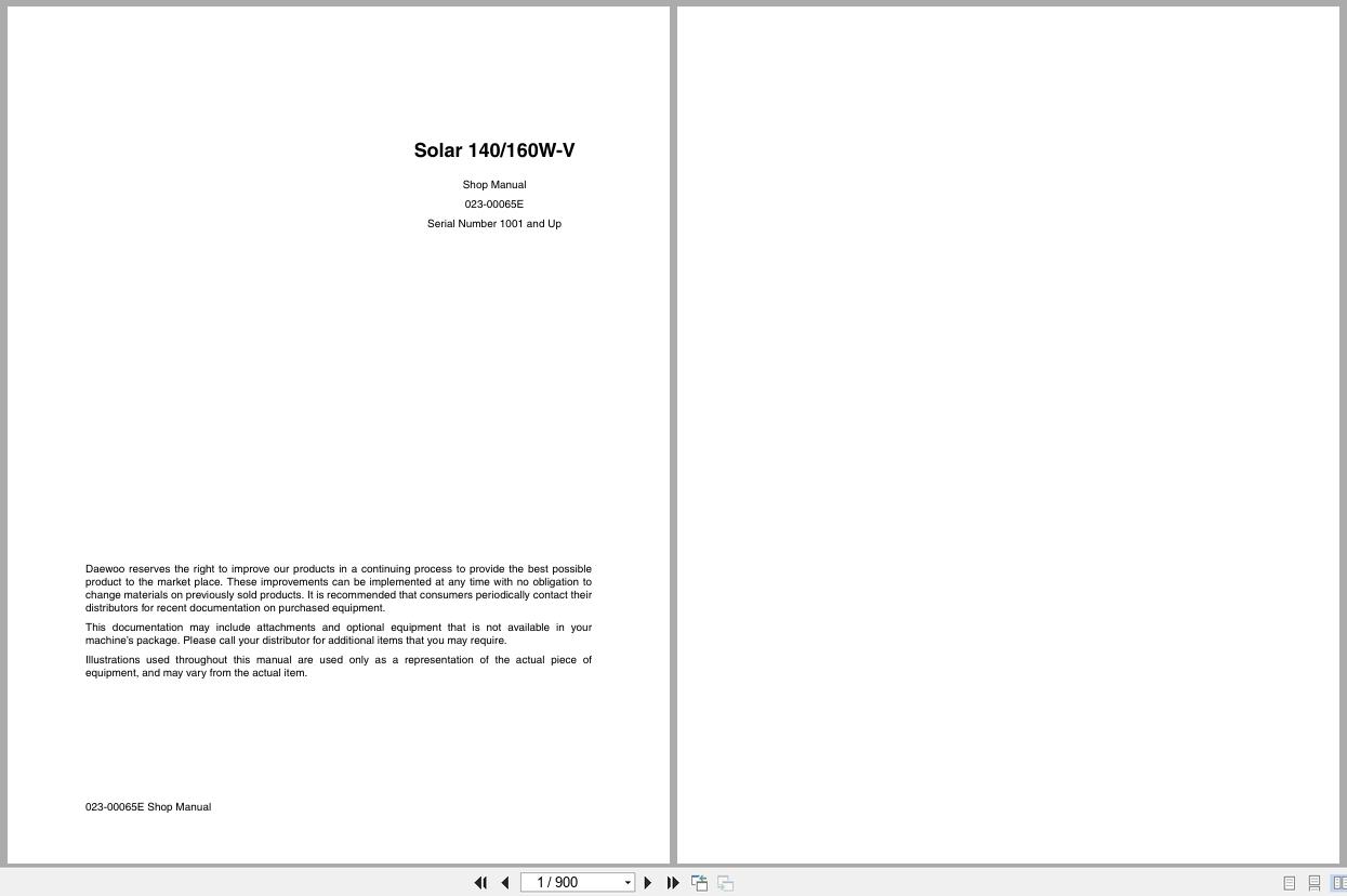 Doosan Excavator Solar 140W V 160W V Shop Manual 023 00065E (1)