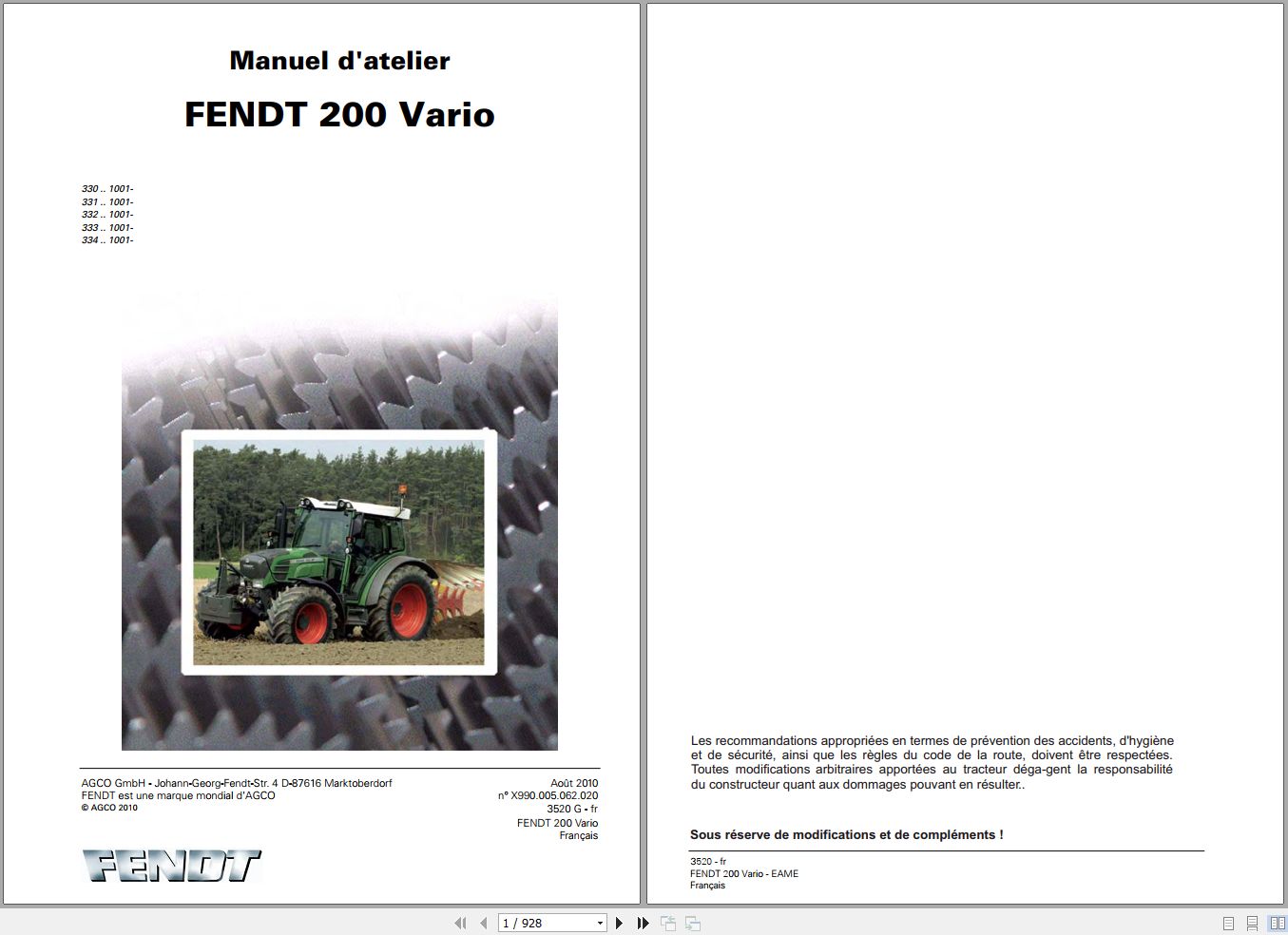 Fendt Tractor 200 Vario S Com3 VIN 330 331 332 333 334 Diagram Operation Workshop Manual FR (4)